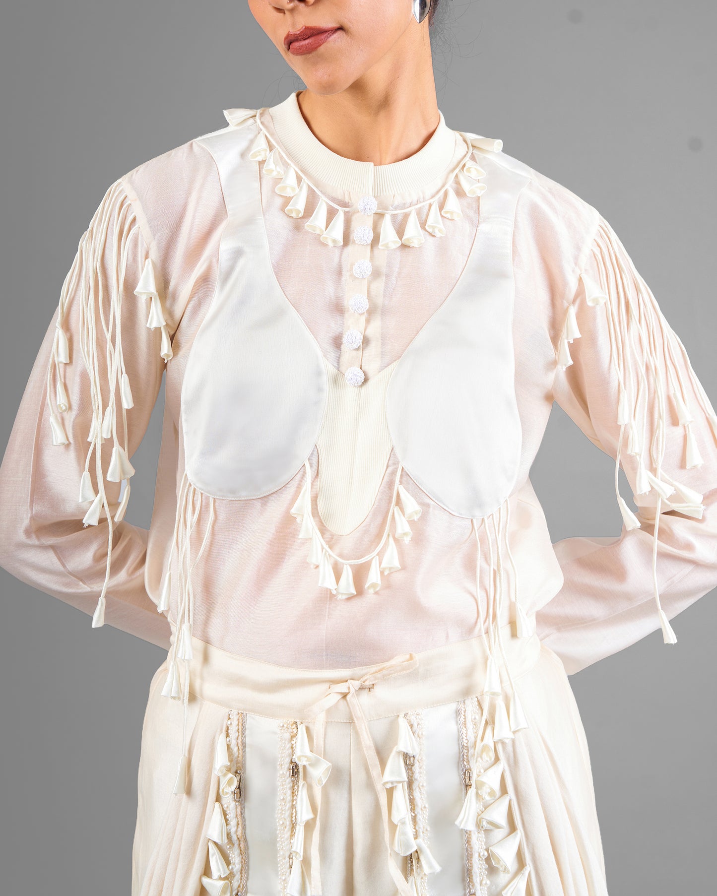 Cord fringe top + Drape tassel trouser set