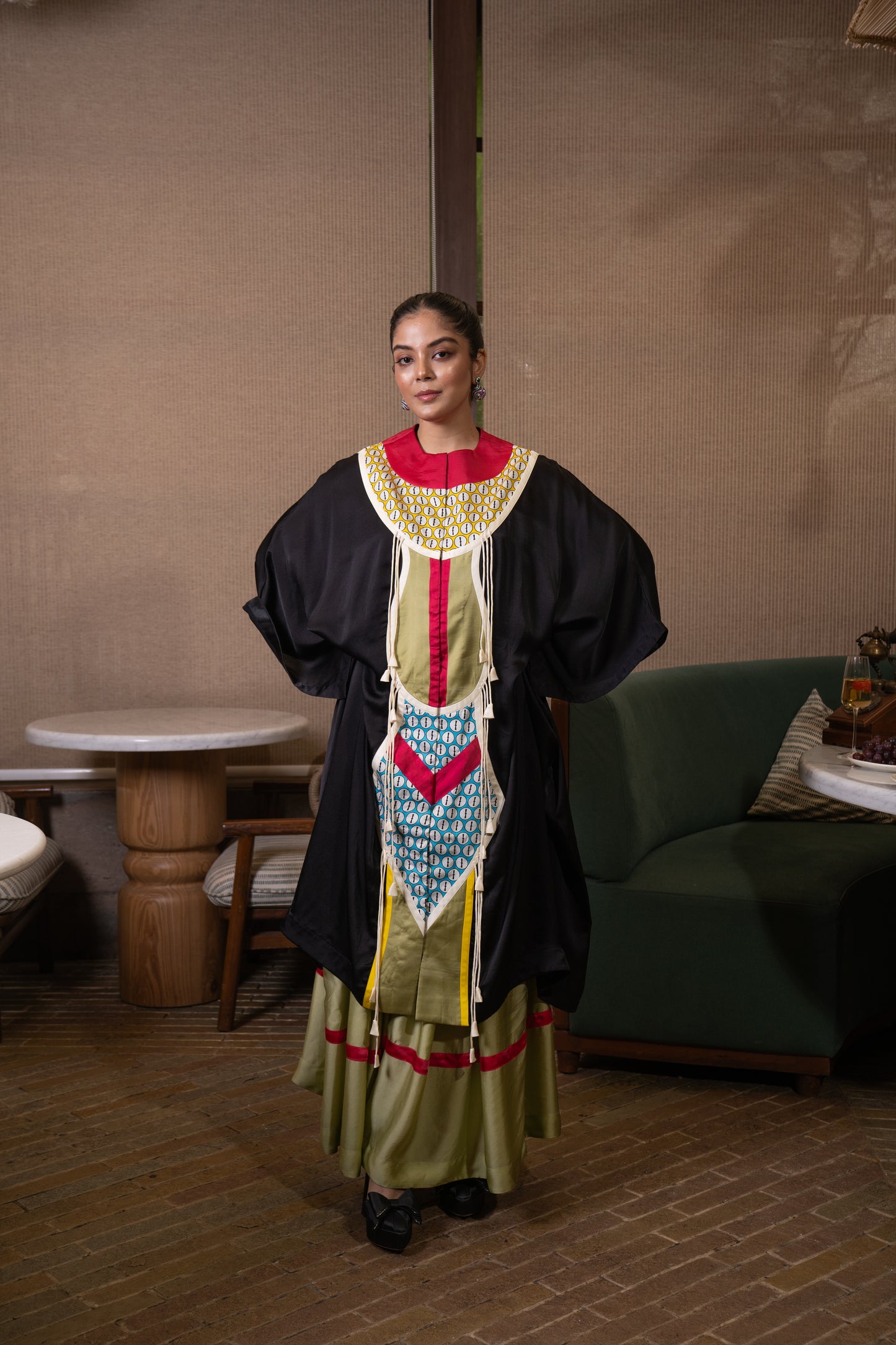 Patchwork cowled kaftan set