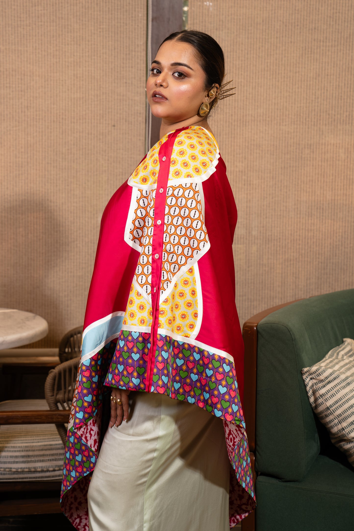 Buttons patchwork one shoulder set