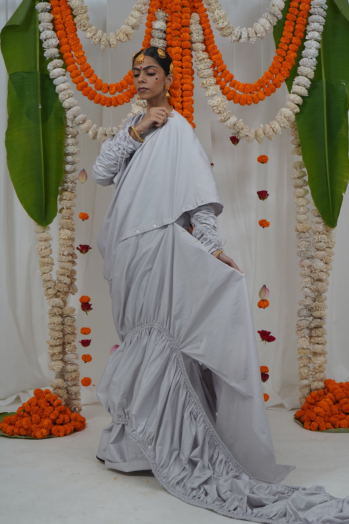 Deconstructed buttons saree set