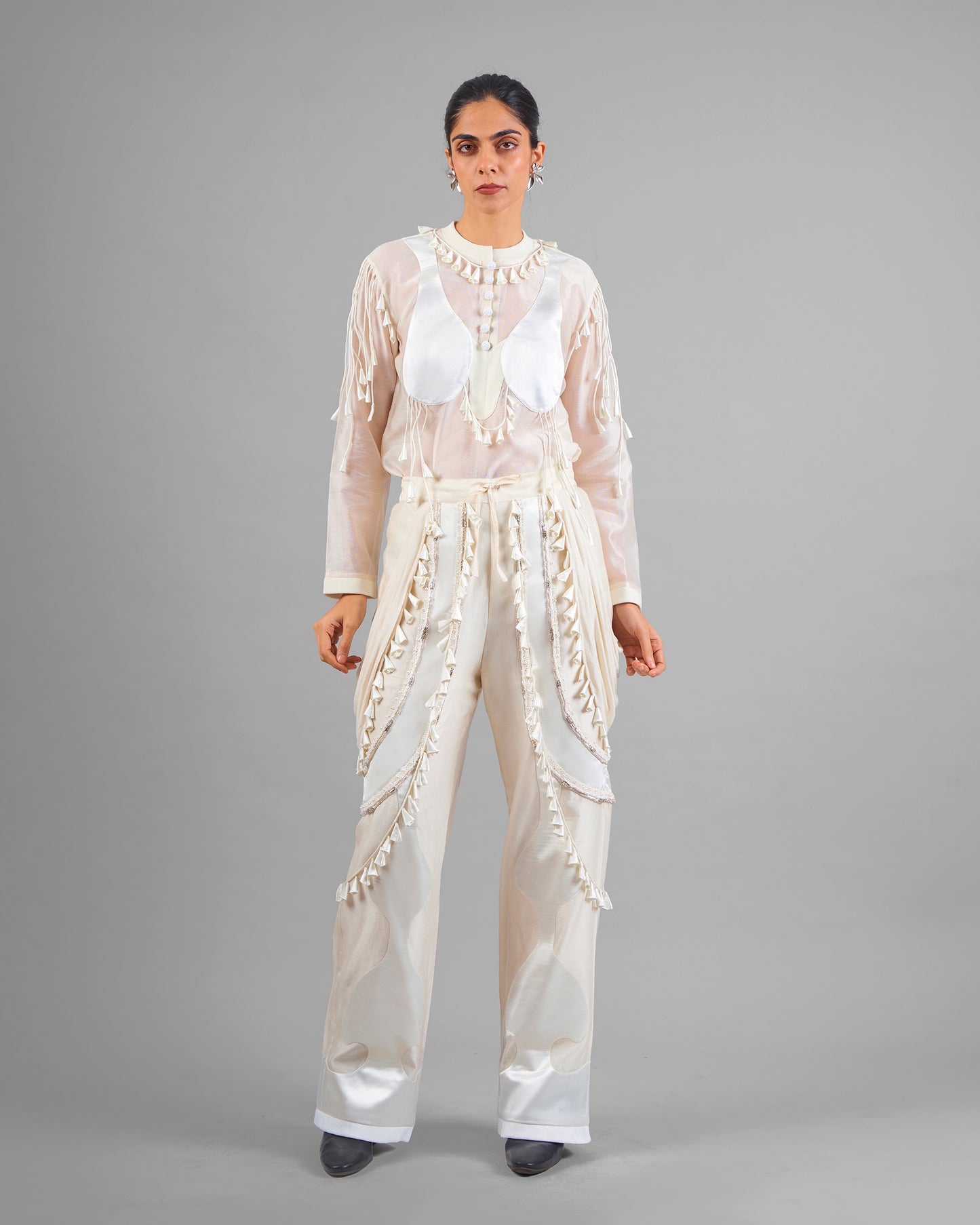 Cord fringe top + Drape tassel trouser set