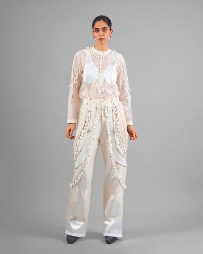 Cord fringe top + Drape tassel trouser set