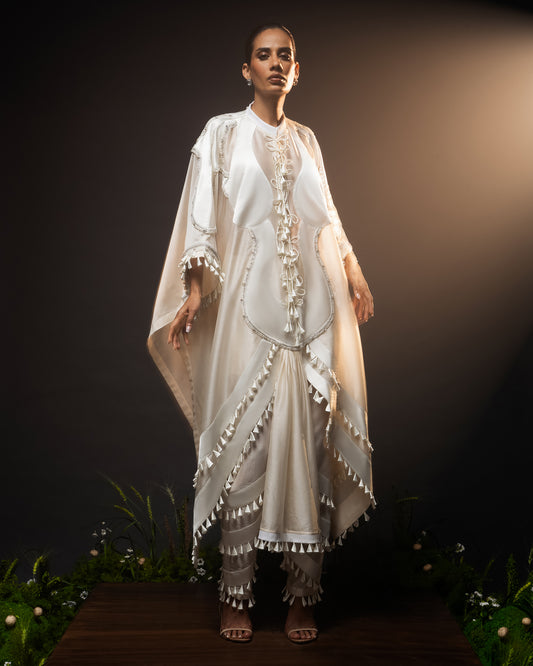 Sculptural dhoti drape kaftan + Scallop tassel trouser set