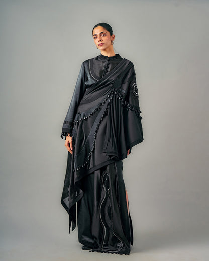 Necklace top + Ornament draped one shoulder + Patchwork lungi skirt set