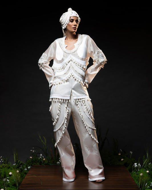 Ornament patchwork jacket + Drape tassel trouser set