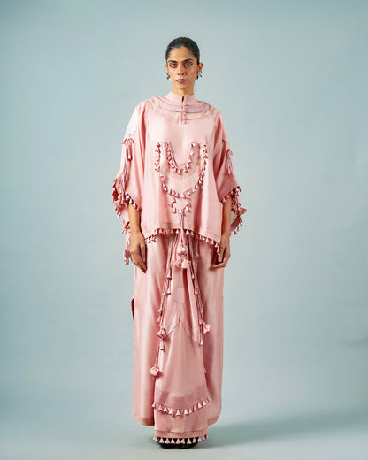 Tasseled necklines cape + Godet lungi skirt set