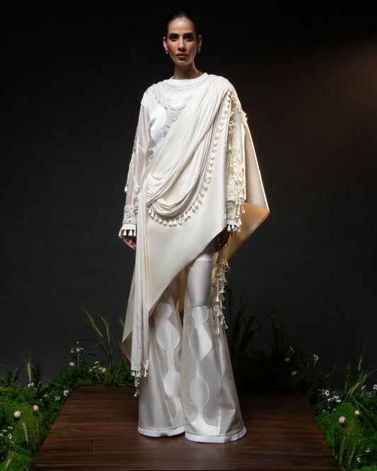 Sculptural necklace top + Tassel drape one shoulder + Outline godet trouser set