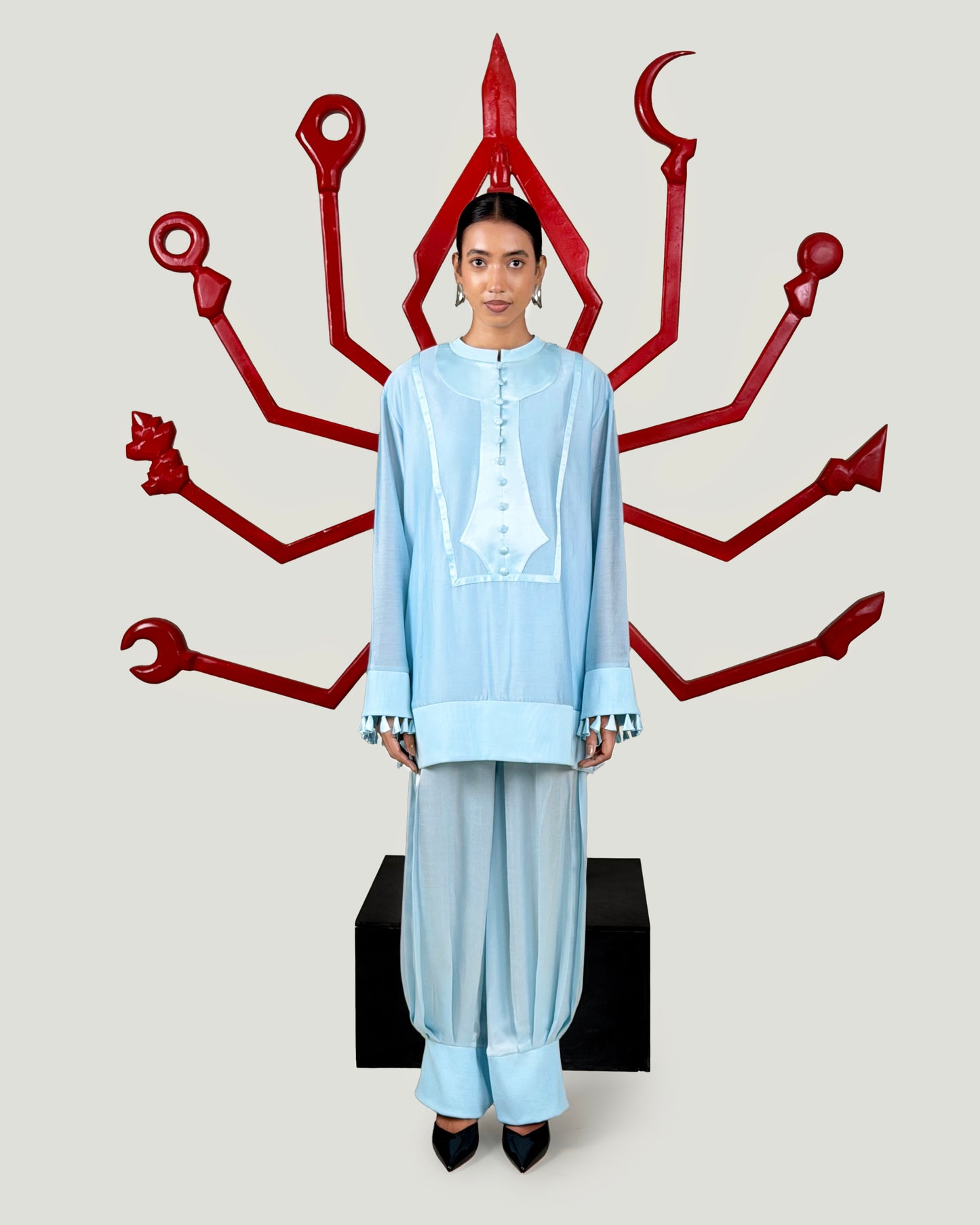 Rib kurta + Pleated trouser set