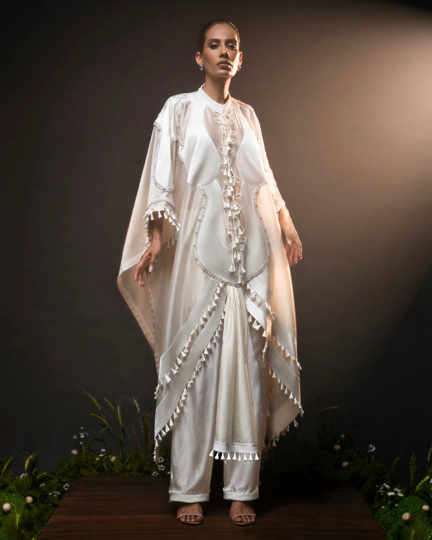Sculptural dhoti drape kaftan + Wide leg trouser set