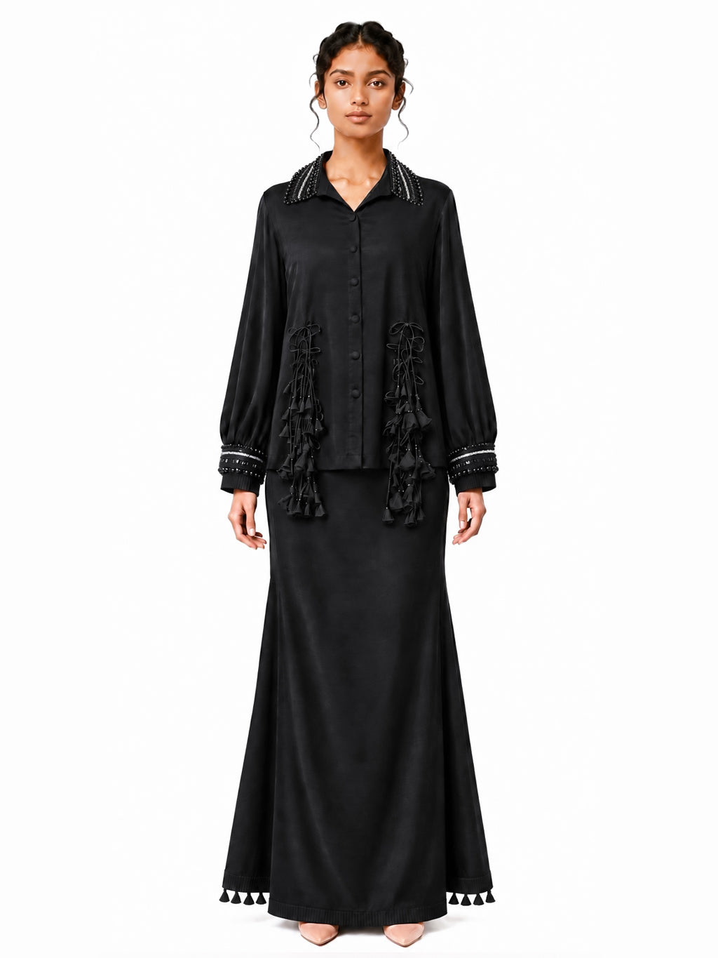 Tassel fringe shirt + Godet skirt set