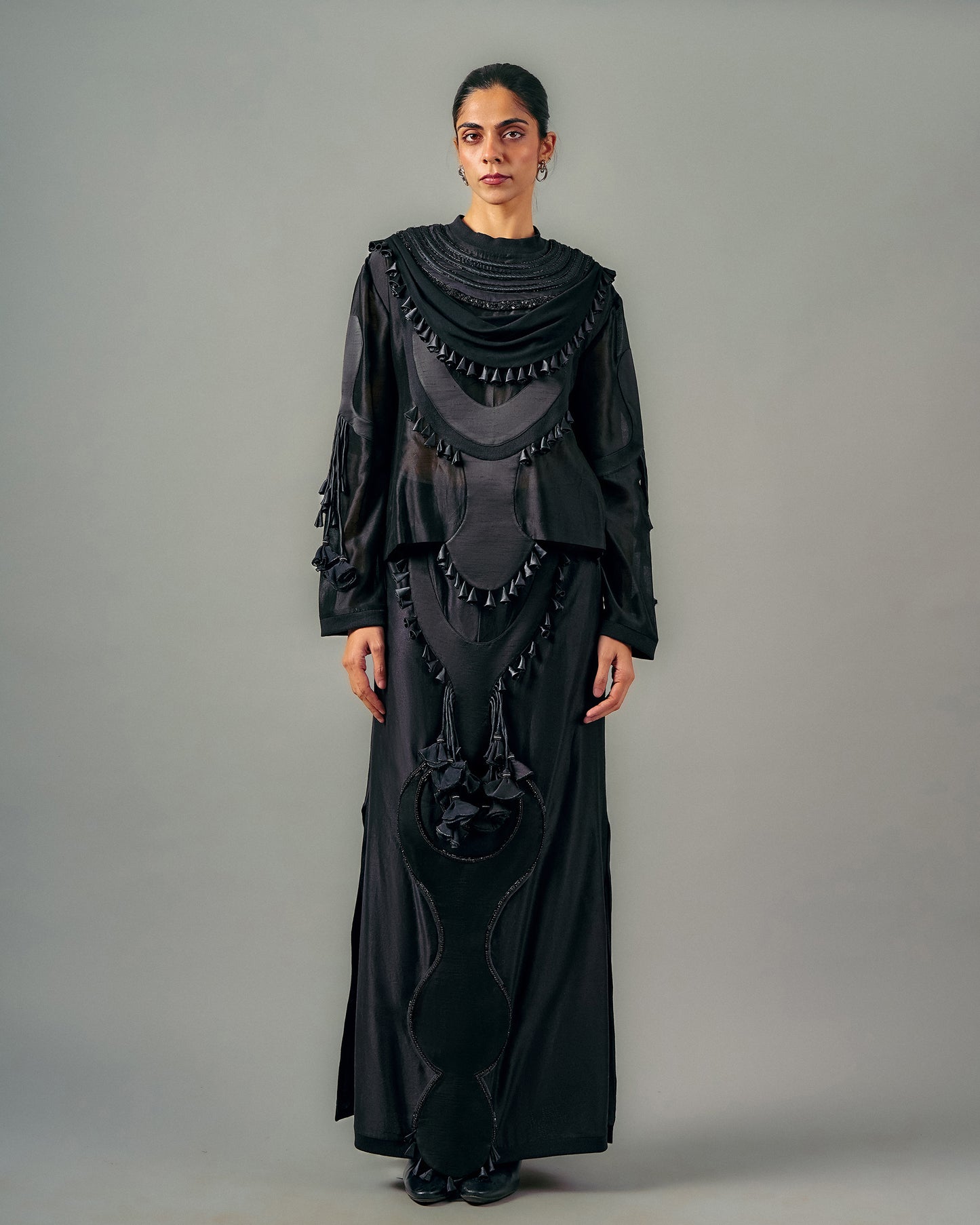 Quilted necklines drape top + Ornament patch skirt set
