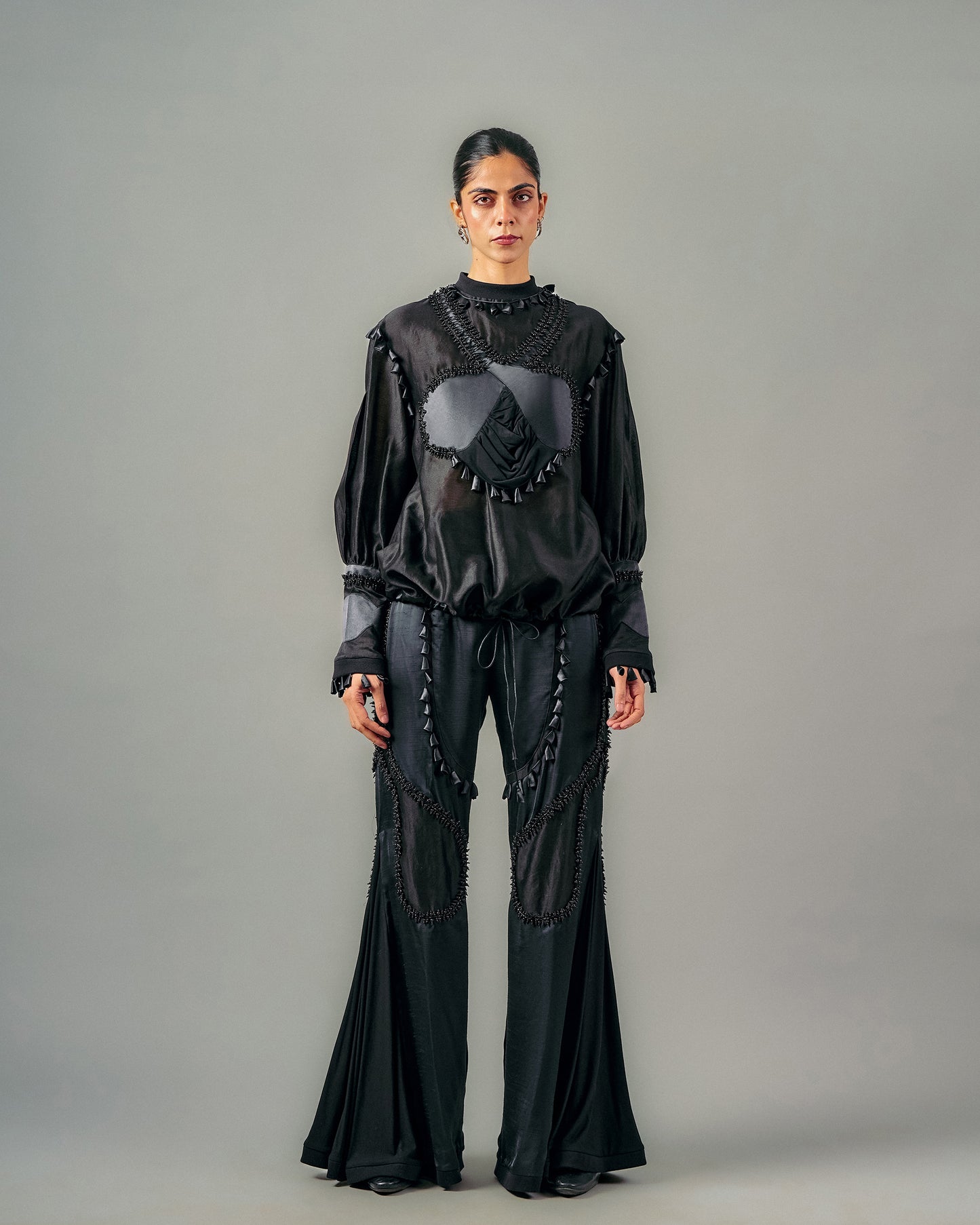 Cross gathered top + Sheer insert godet trouser set