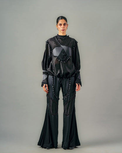 Cross gathered top + Sheer insert godet trouser set