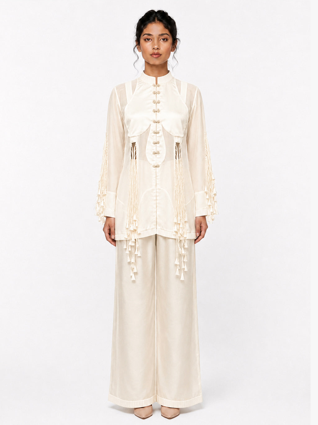 Cut-out tassels jacket + Broad trouser set