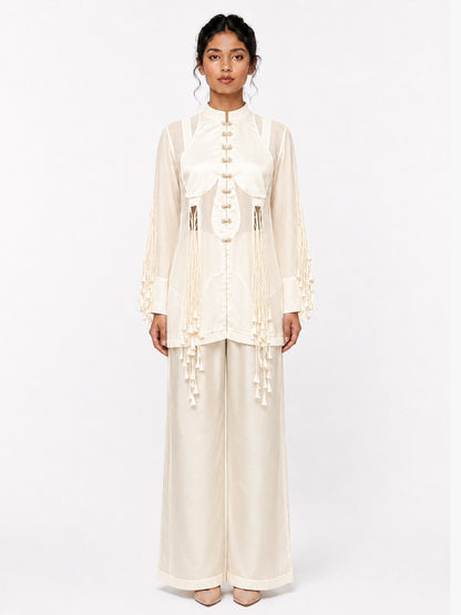 Cut-out tassels jacket + Broad trouser set