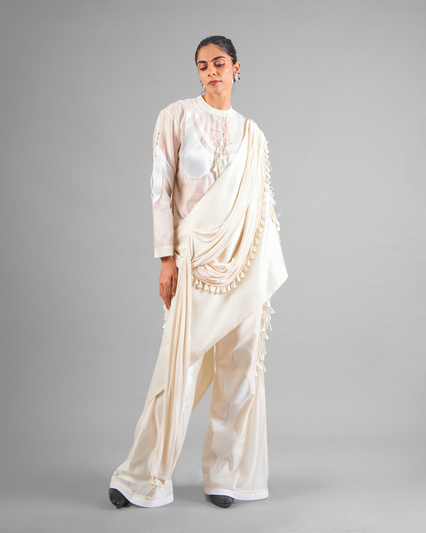Patchwork ornament top + Tassel drape one shoulder + Outline godet trouser set