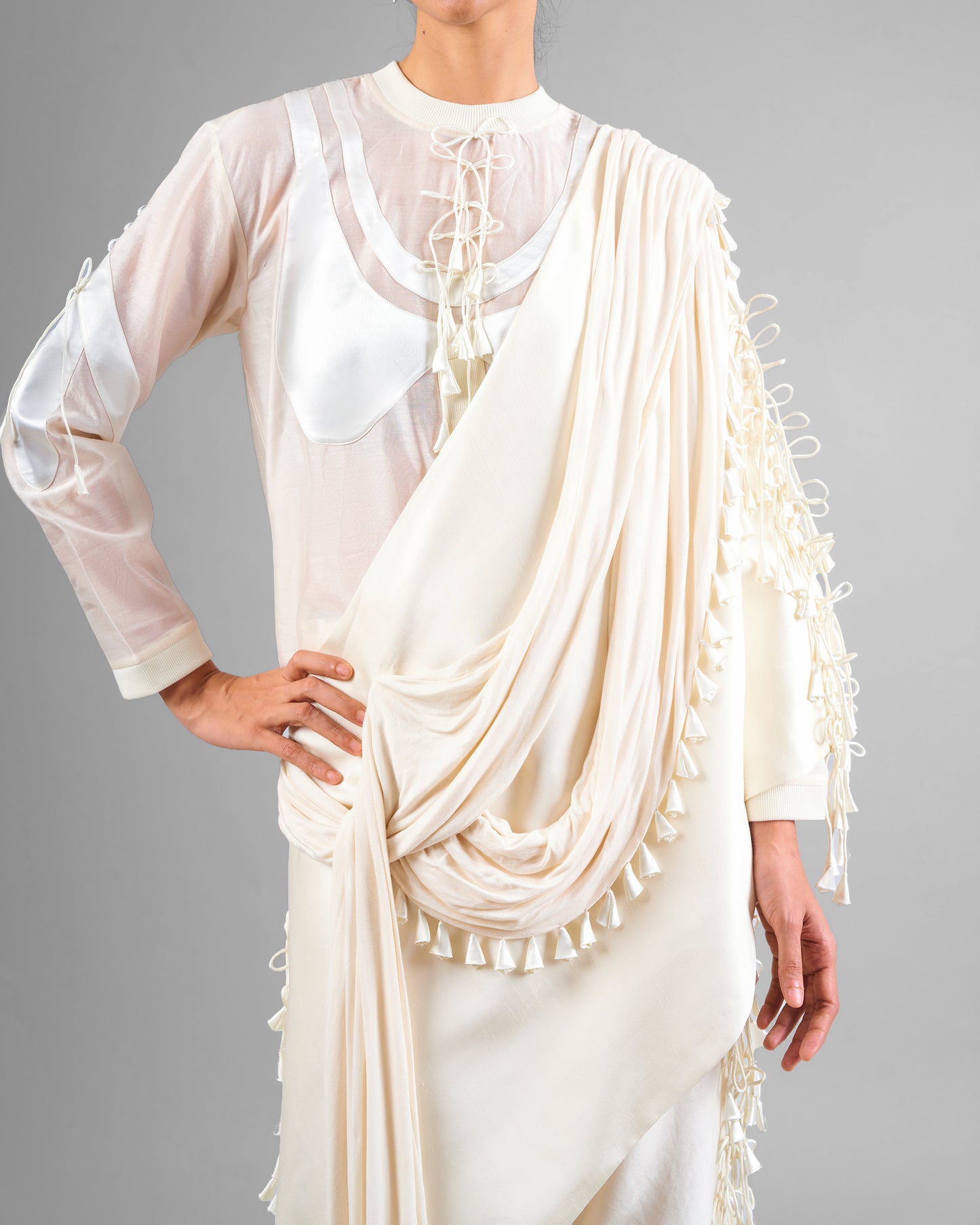 Patchwork ornament top + Tassel drape one shoulder + Outline godet trouser set