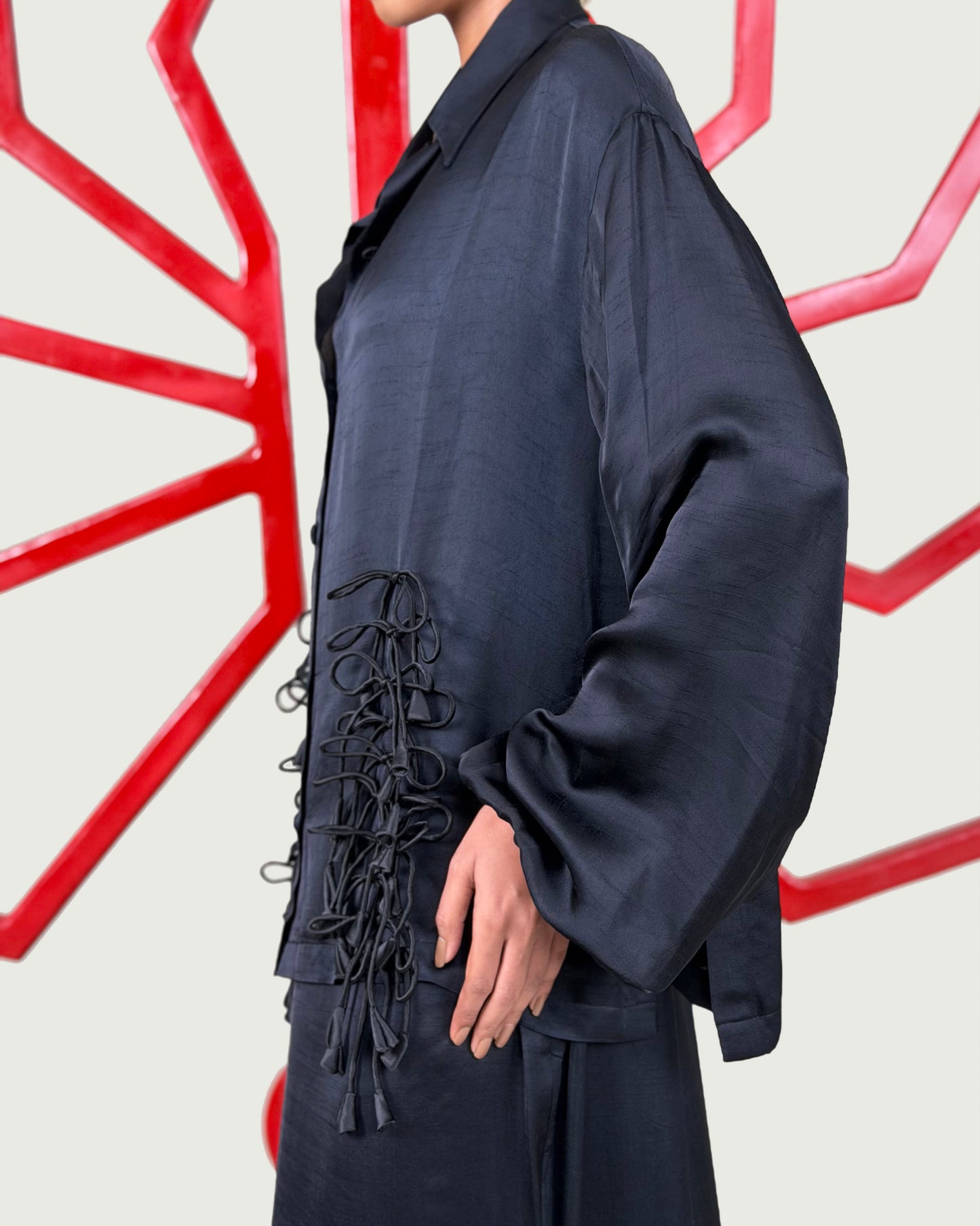 Cord bow shirt + Godet skirt set