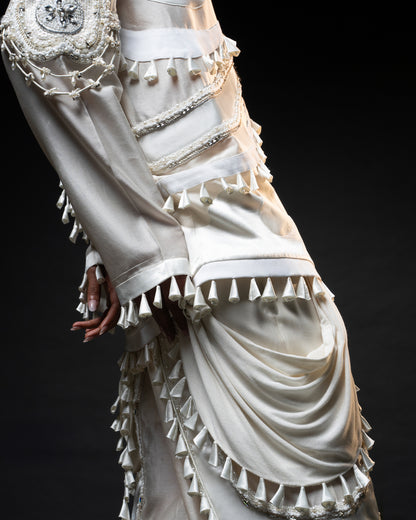 Ornament patchwork jacket + Drape tassel trouser set