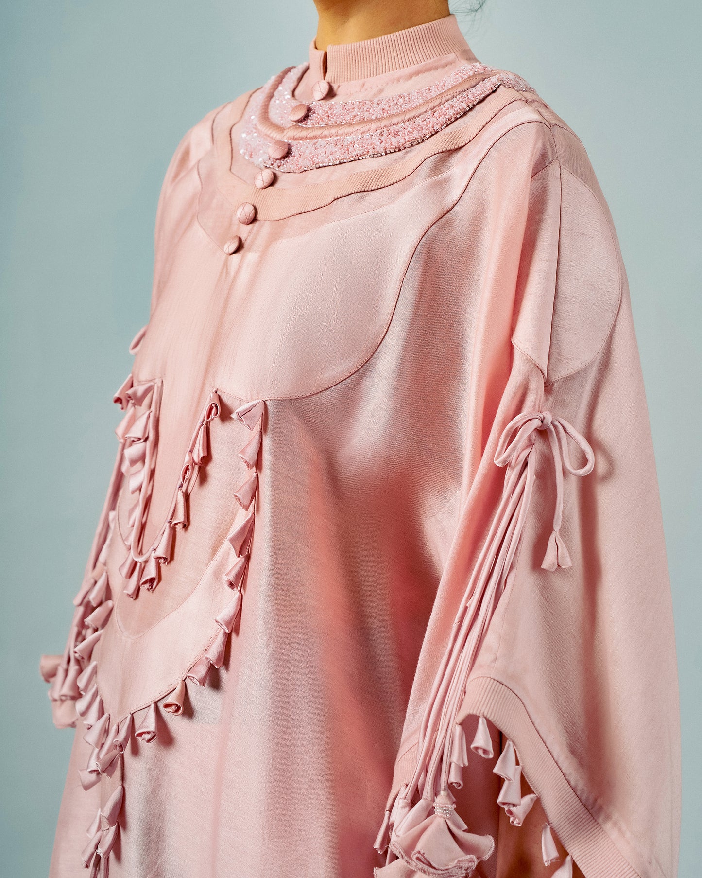 Tasseled necklines cape + Godet lungi skirt set