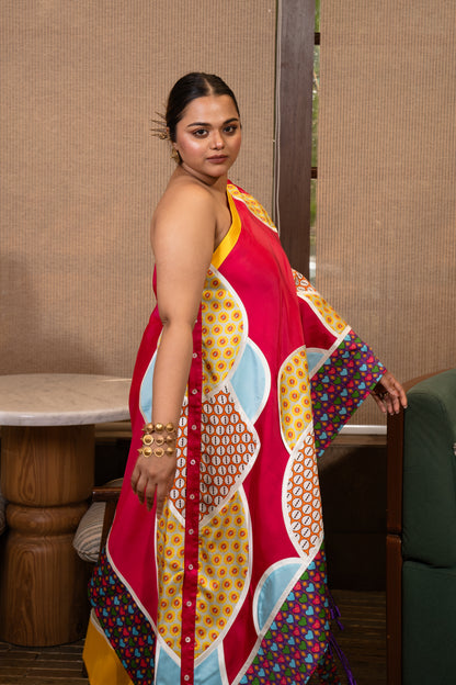 Buttons patchwork one shoulder set