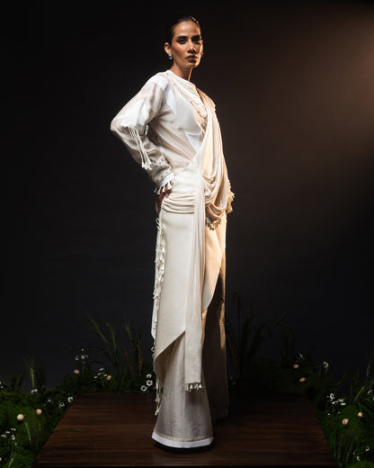 Sculptural necklace top + Tassel drape one shoulder + Outline godet trouser set
