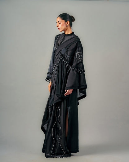 Necklace top + Ornament draped one shoulder + Patchwork lungi skirt set