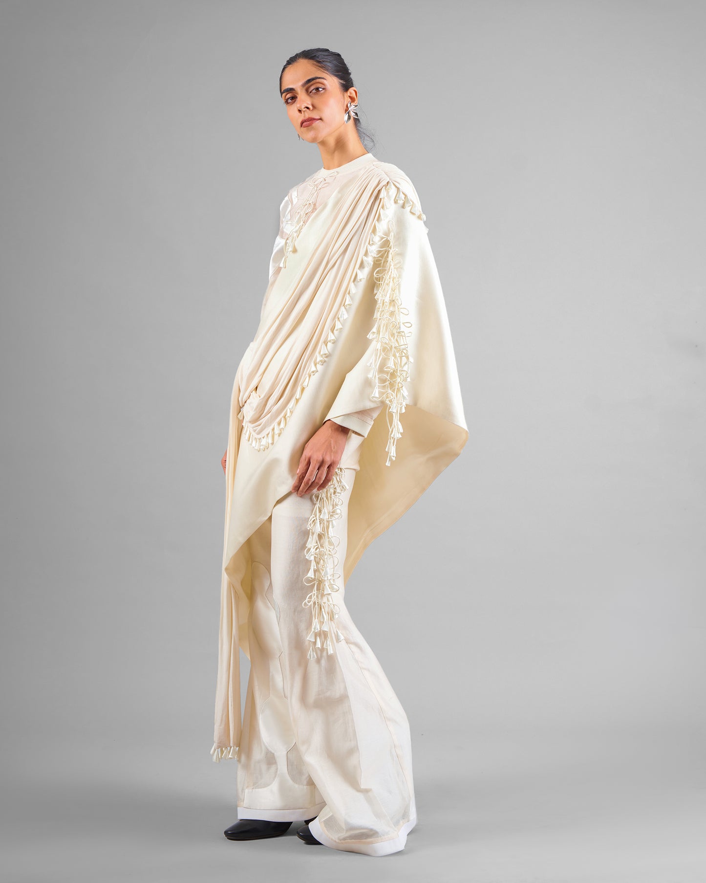 Patchwork ornament top + Tassel drape one shoulder + Outline godet trouser set