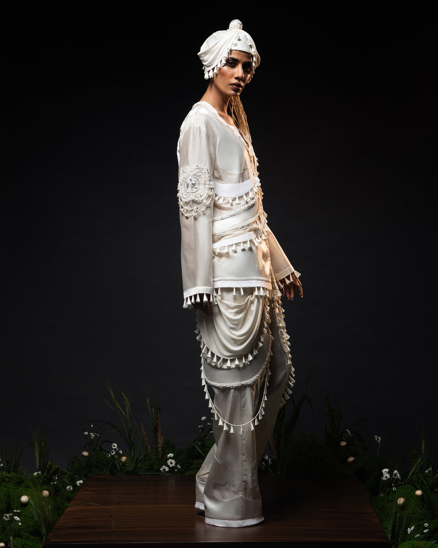 Ornament patchwork jacket + Drape tassel trouser set