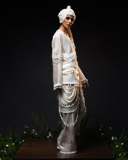 Ornament patchwork jacket + Drape tassel trouser set