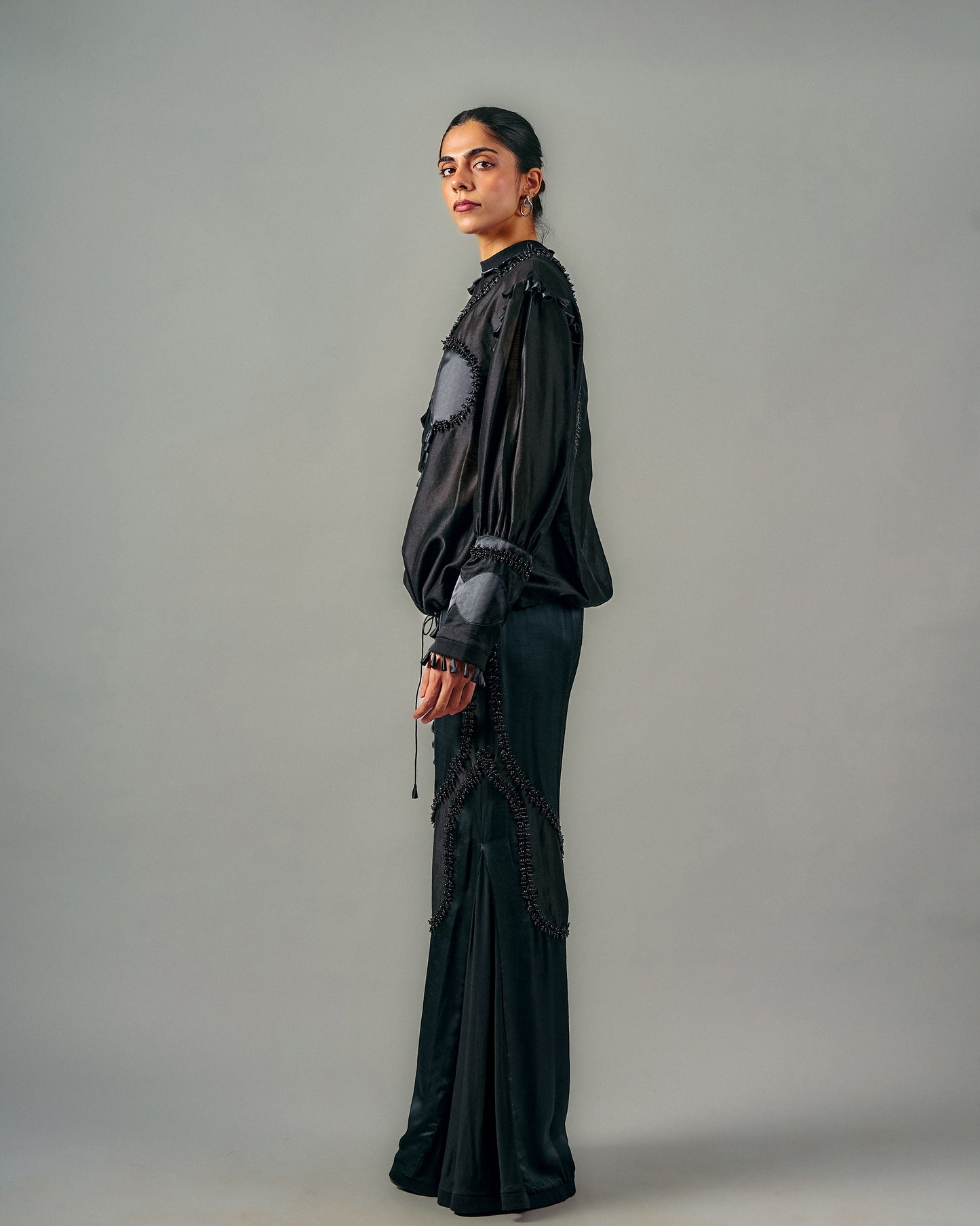 Cross gathered top + Sheer insert godet trouser set