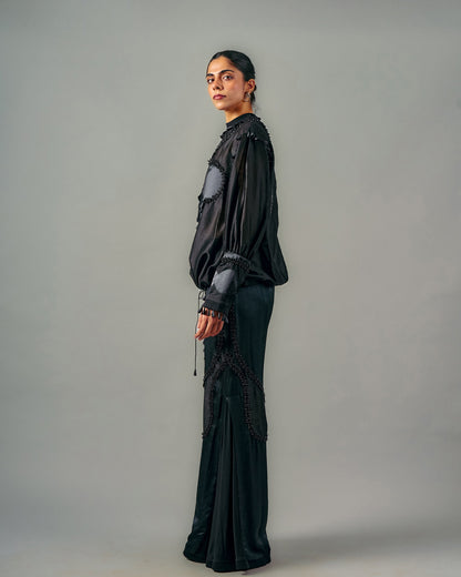 Cross gathered top + Sheer insert godet trouser set