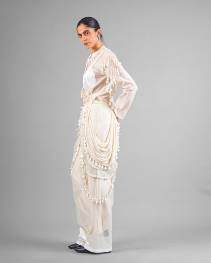 Cord fringe top + Drape tassel trouser set