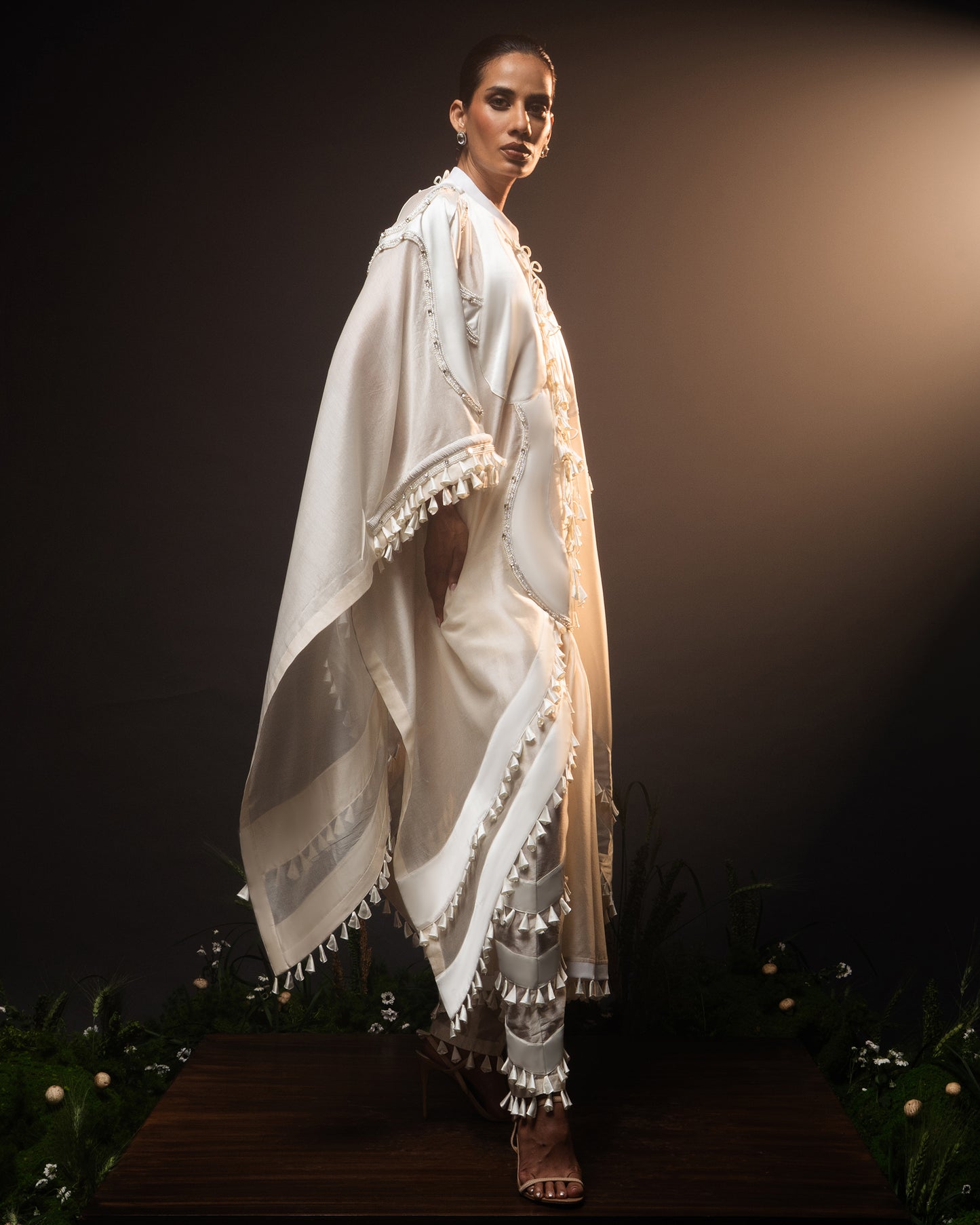 Sculptural dhoti drape kaftan + Scallop tassel trouser set