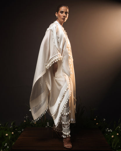 Sculptural dhoti drape kaftan + Scallop tassel trouser set