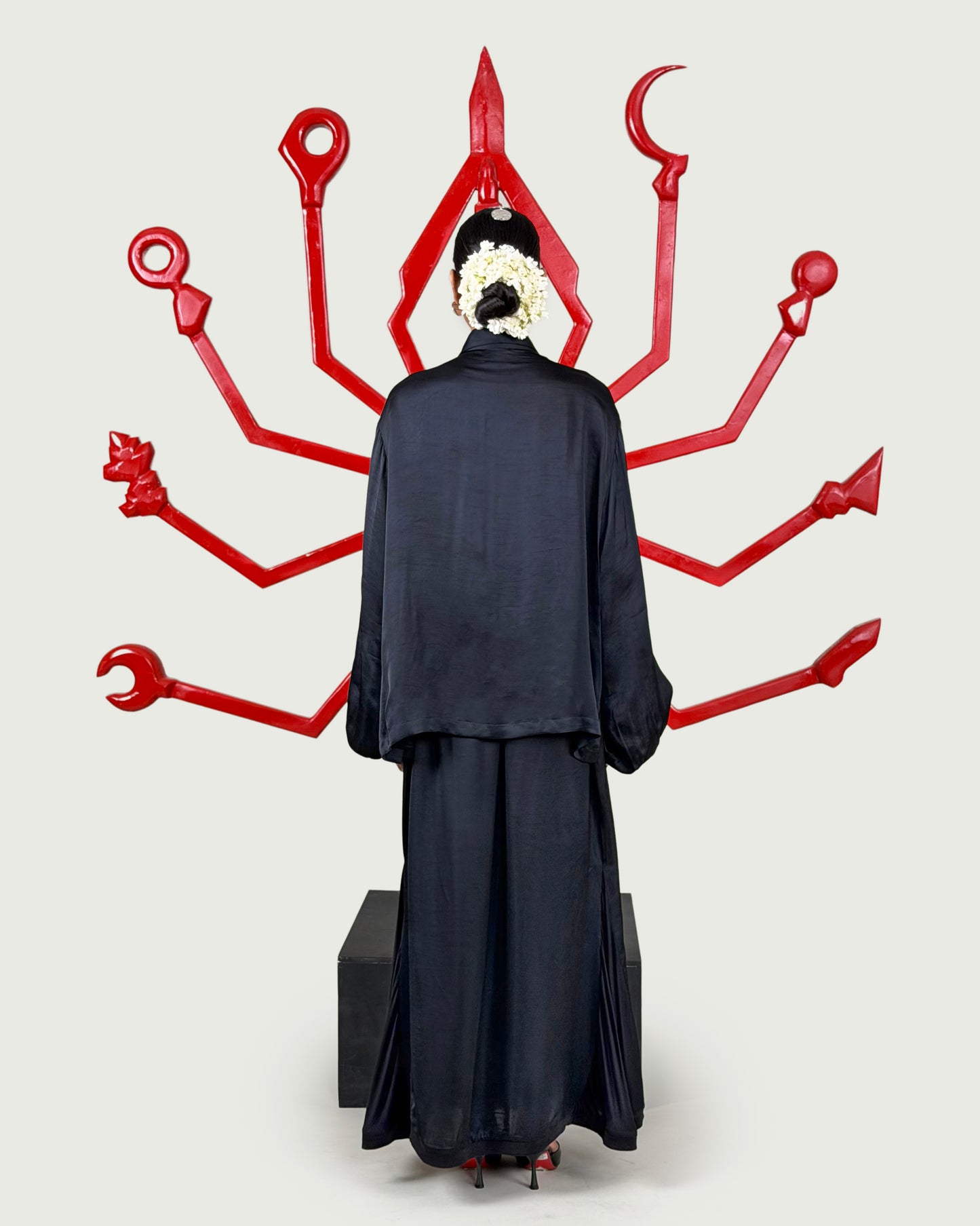 Cord bow shirt + Godet skirt set