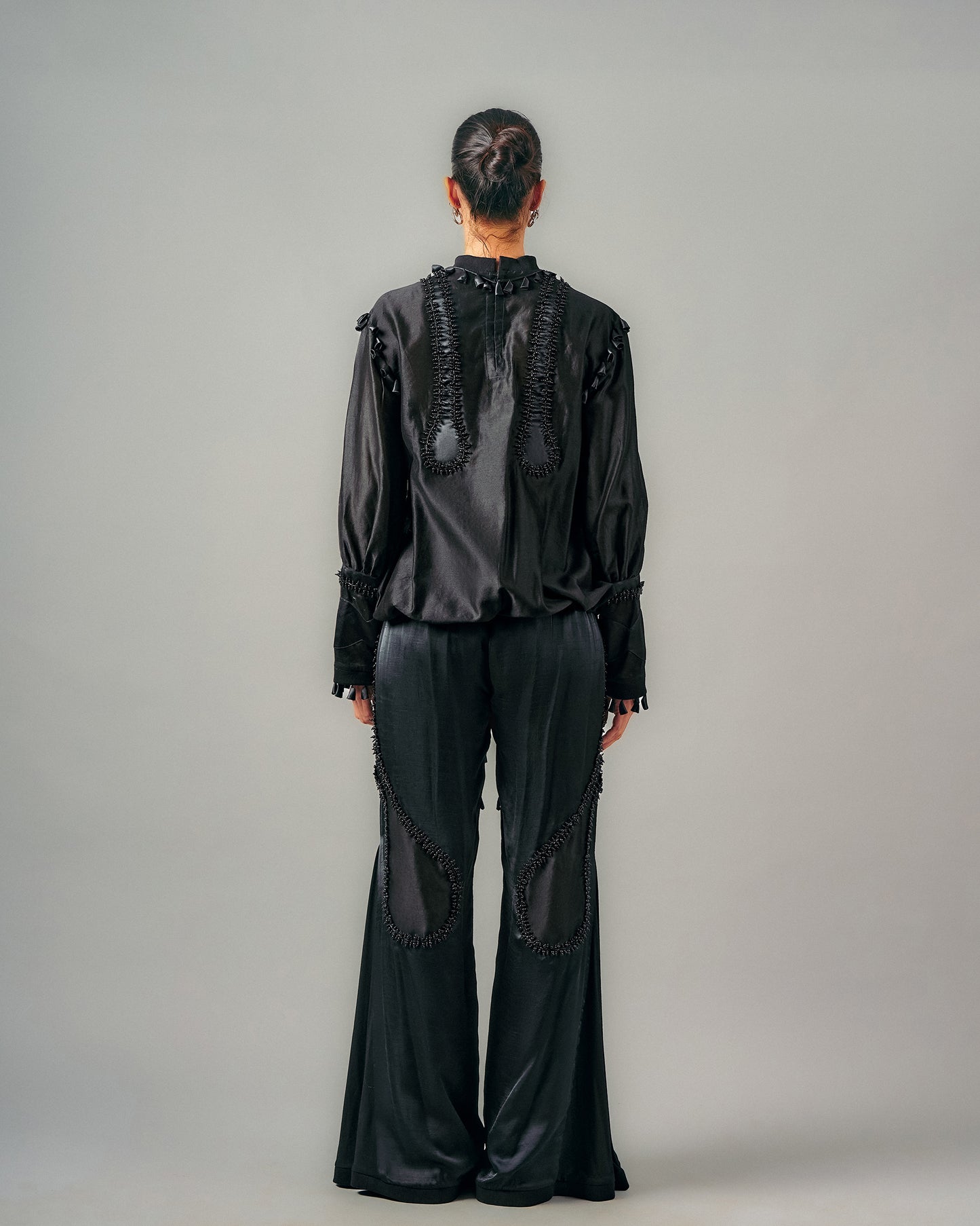 Cross gathered top + Sheer insert godet trouser set