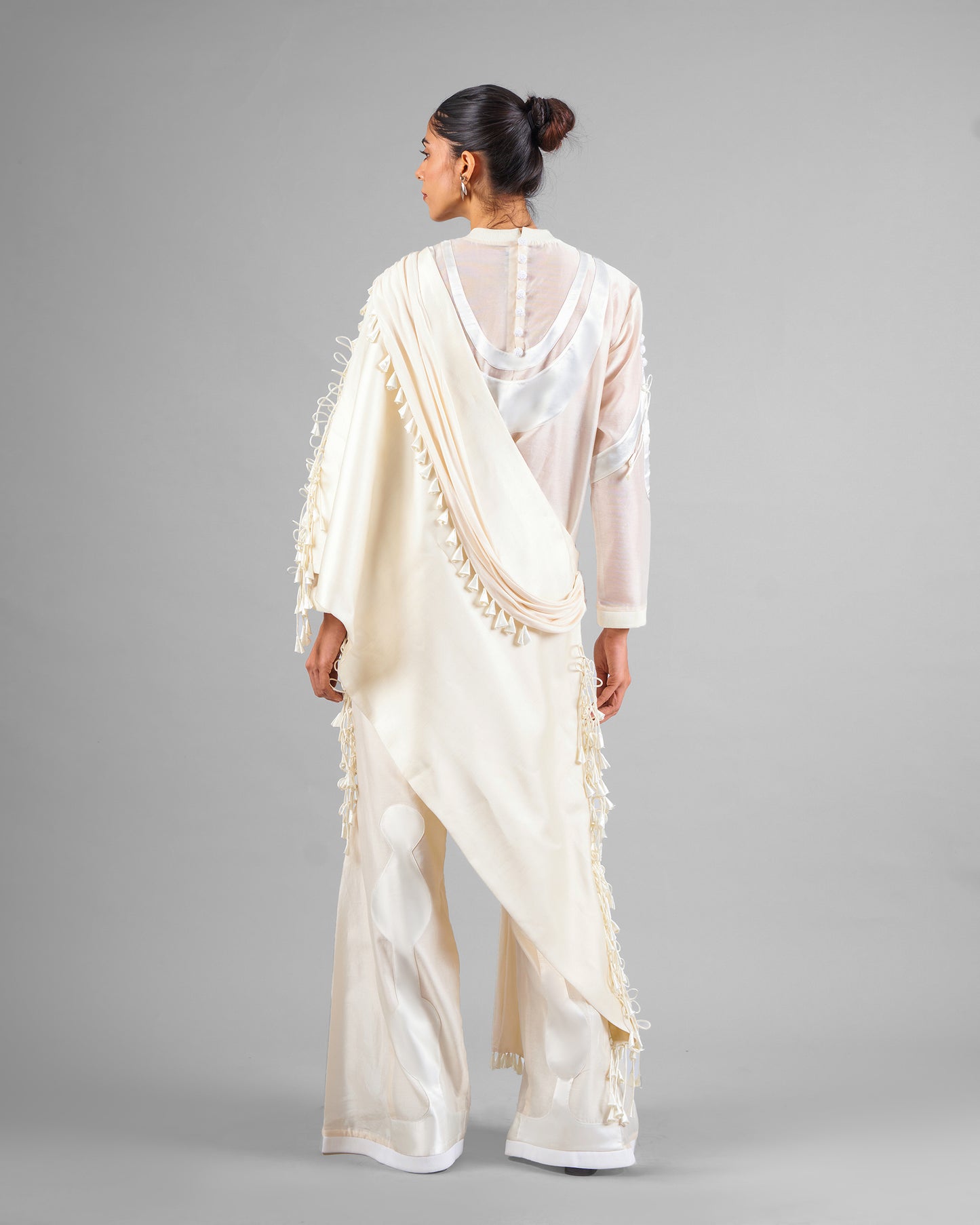 Patchwork ornament top + Tassel drape one shoulder + Outline godet trouser set