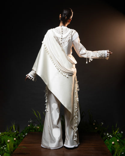 Sculptural necklace top + Tassel drape one shoulder + Outline godet trouser set