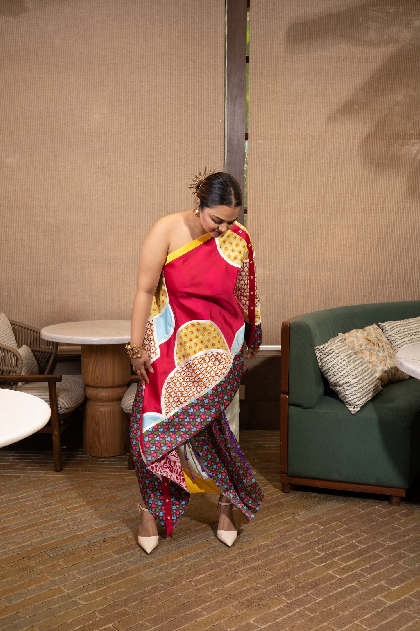 Buttons patchwork one shoulder set