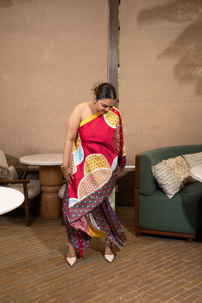 Buttons patchwork one shoulder set