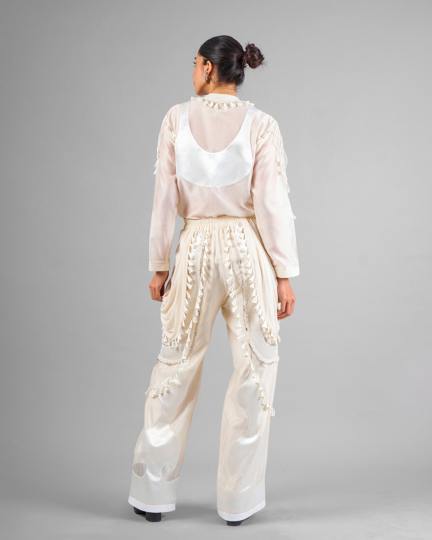Cord fringe top + Drape tassel trouser set