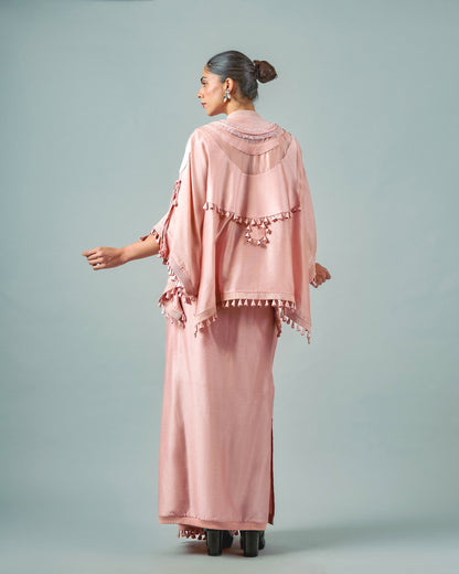 Tasseled necklines cape + Godet lungi skirt set