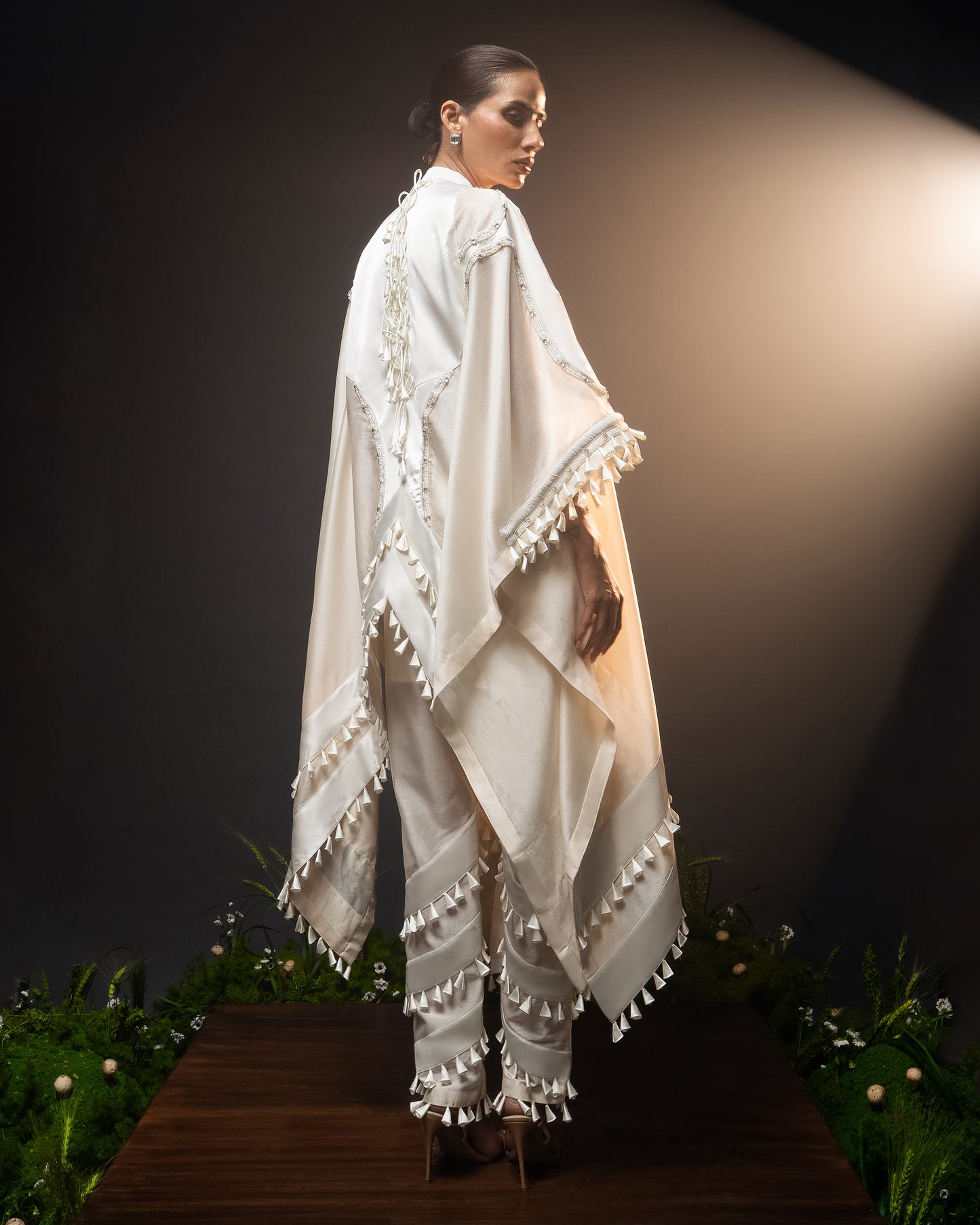 Sculptural dhoti drape kaftan + Scallop tassel trouser set
