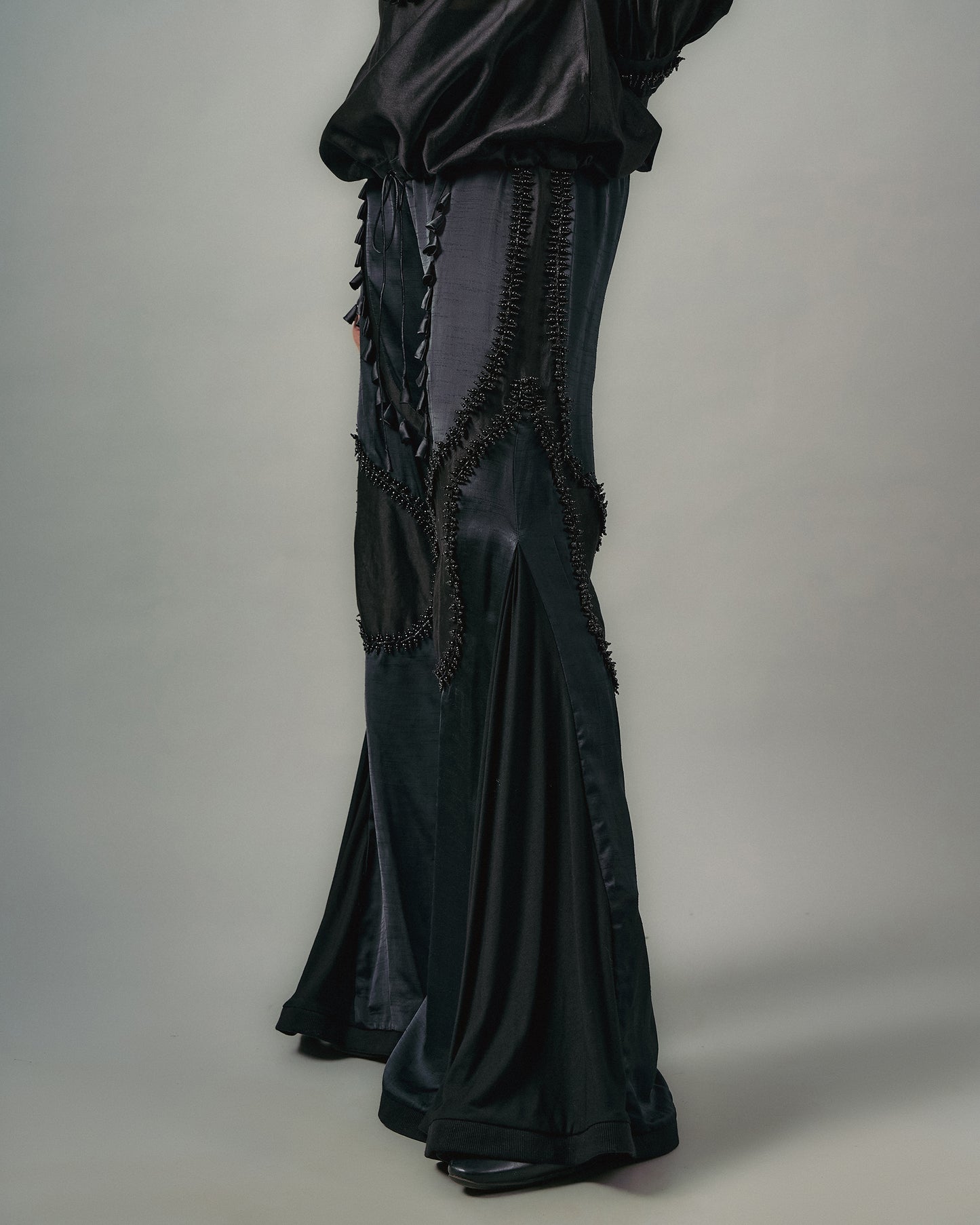 Cross gathered top + Sheer insert godet trouser set