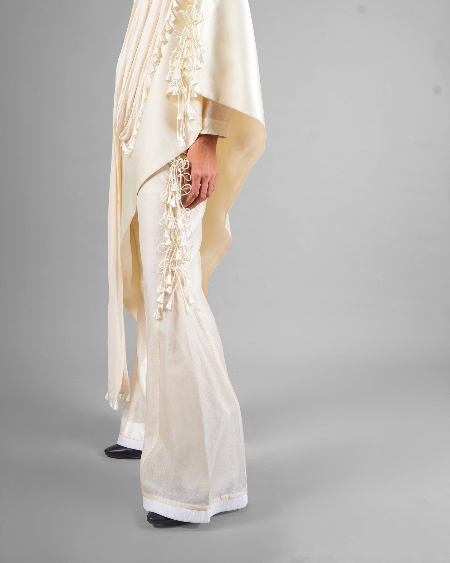 Patchwork ornament top + Tassel drape one shoulder + Outline godet trouser set