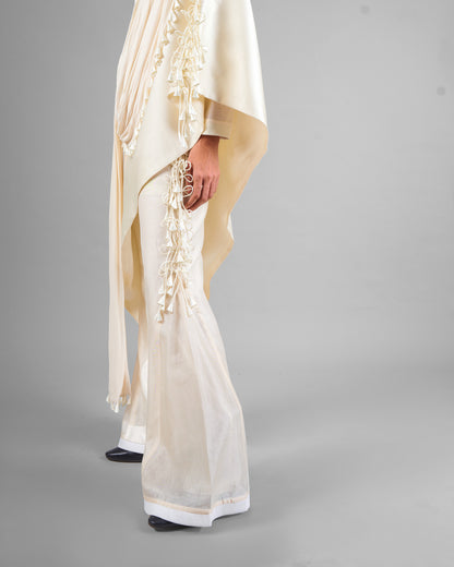 Patchwork ornament top + Tassel drape one shoulder + Outline godet trouser set