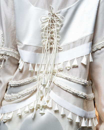Ornament patchwork jacket + Drape tassel trouser set