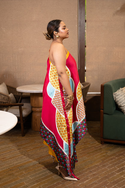 Buttons patchwork one shoulder set