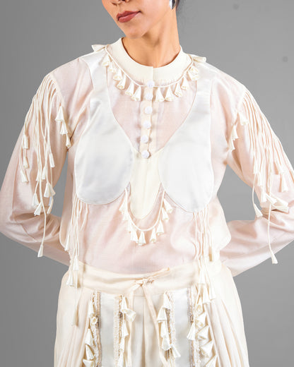 Cord fringe top + Drape tassel trouser set